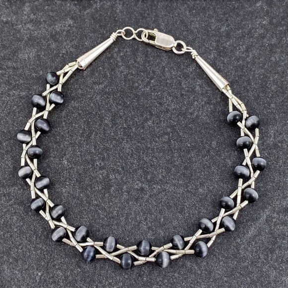 Sterling Liquid Silver 925 Cone Braided Black Synthetic Cat's Eye Bracelet 7.75" - Picture 1 of 5